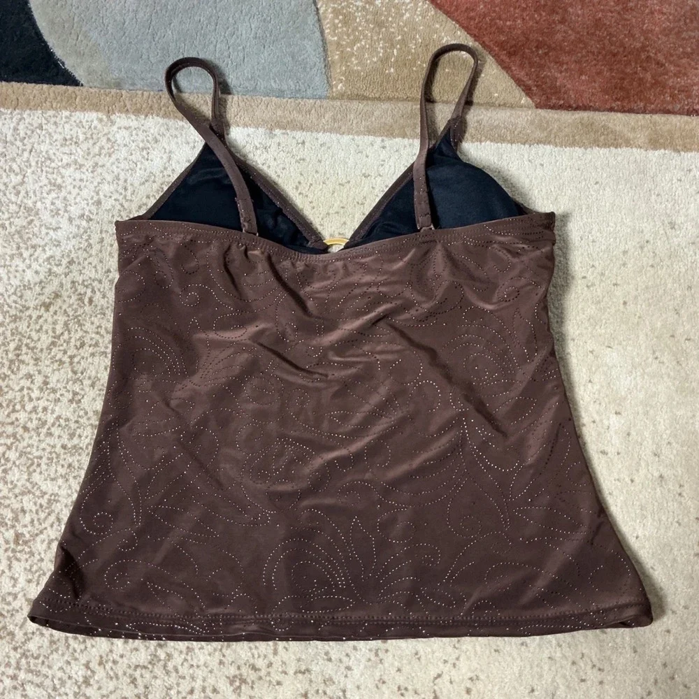 Ocean Dream Glitter Swirl Tankini Swim Top Womens 8 Brown Gold Ring Adjustable